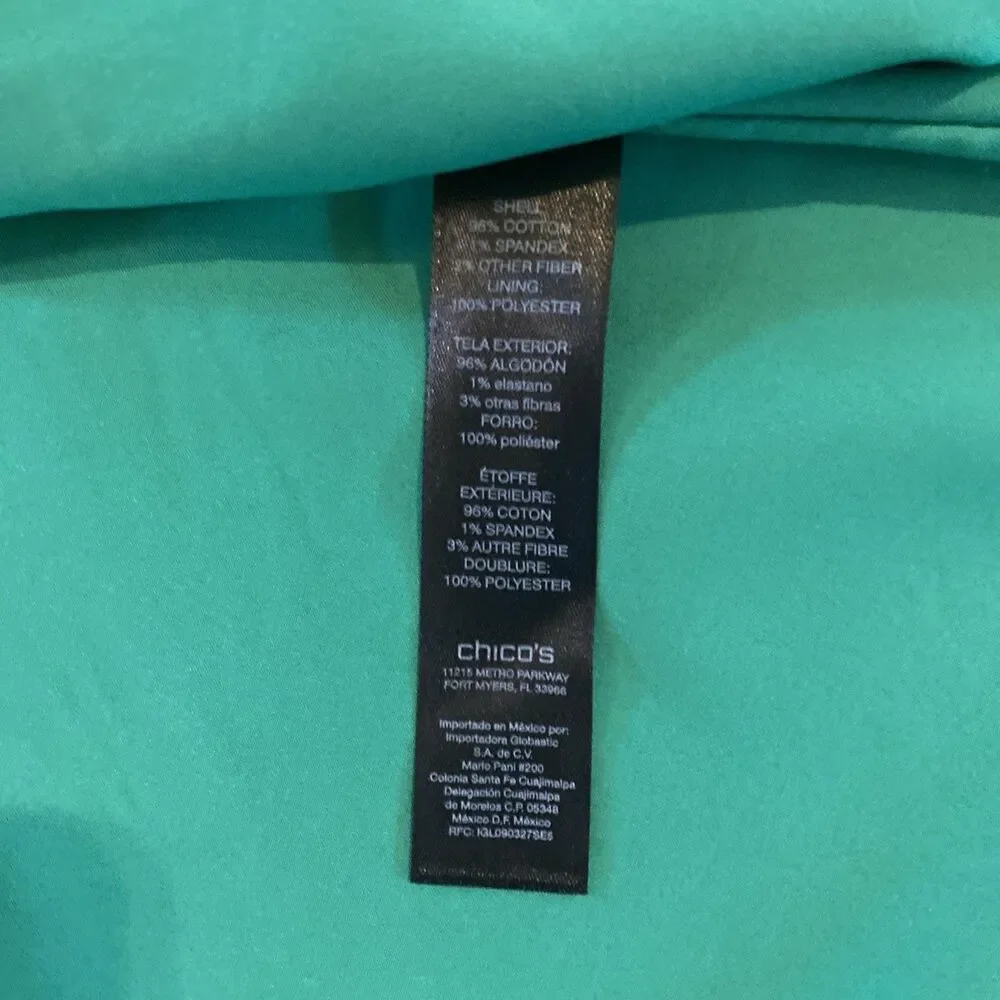 Chicos Kelly Green Cotton Blend Open Front Jacket Size 3 Travelers Collection‎
